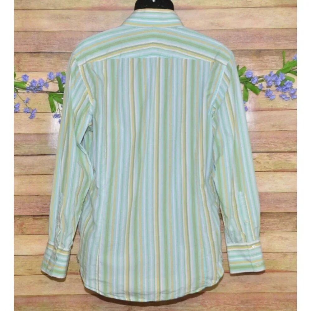 Banana Republic Shirt Men's 16-16 1/2 Green Stripe Cotton Flip Contrast Cuffs